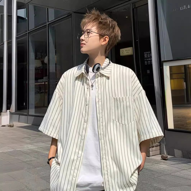Férfi francia csíkos ing, nyár 2024, laza oversize szabás, sokoldalú streetwear felső