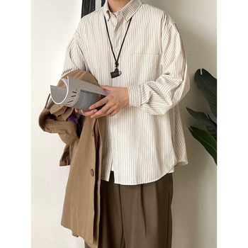 Japán stílusú retro csíkos hosszú ujjú ing, laza szabású, casual vintage, uniszex