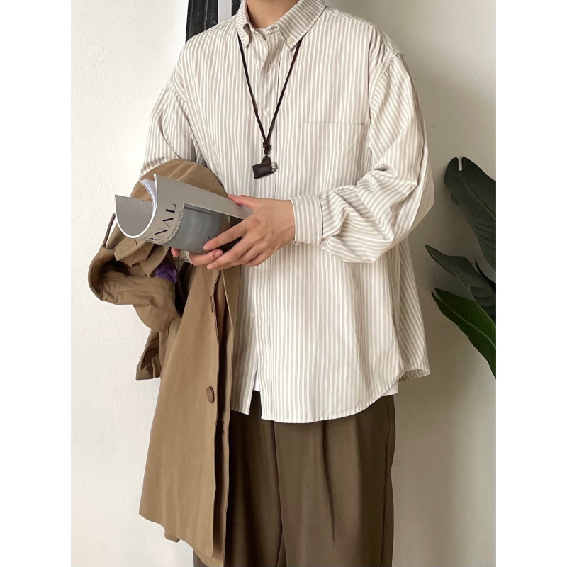 Japán stílusú retro csíkos hosszú ujjú ing, laza szabású, casual vintage, uniszex