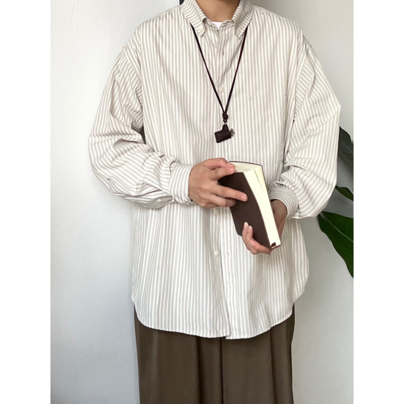 Japán stílusú retro csíkos hosszú ujjú ing, laza szabású, casual vintage, uniszex
