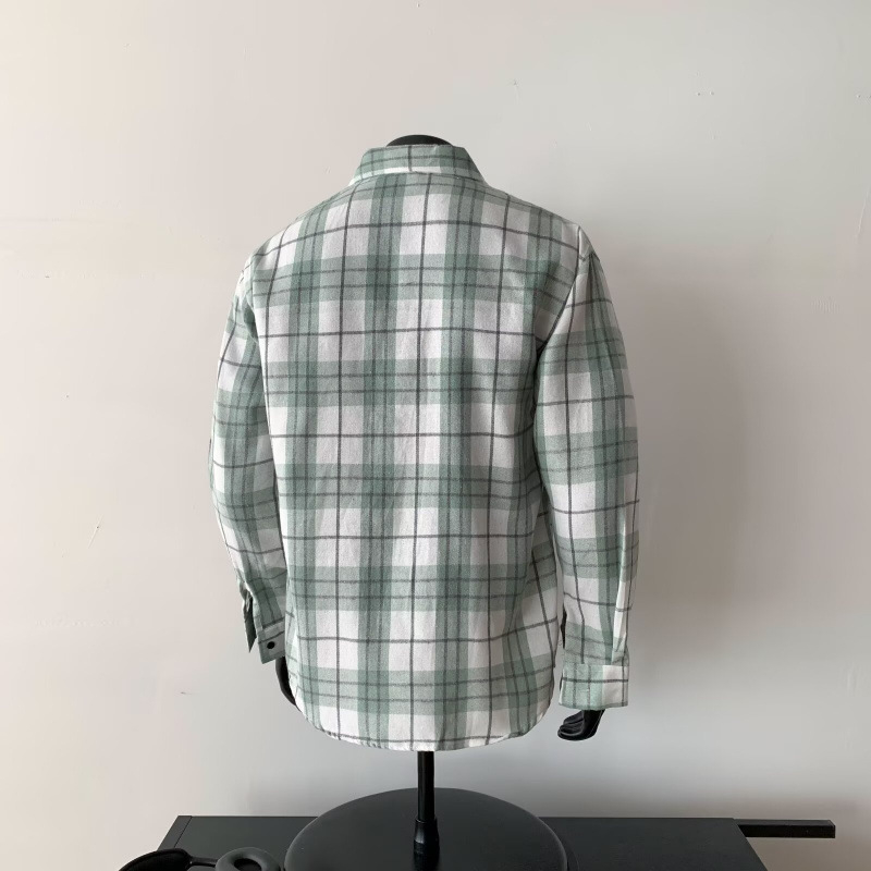 Férfi vintage kockás ing-jacka hosszú ujjú, négyszögletes nyakú, japán retro stílus, koreai divat