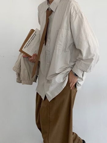 Férfi hosszú ujjú ingkabát világos csíkokkal, japán retro Harajuku stílus, tavasz-ősz, kényelmes laza szabás