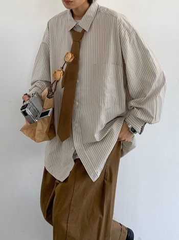 Férfi hosszú ujjú ingkabát világos csíkokkal, japán retro Harajuku stílus, tavasz-ősz, kényelmes laza szabás