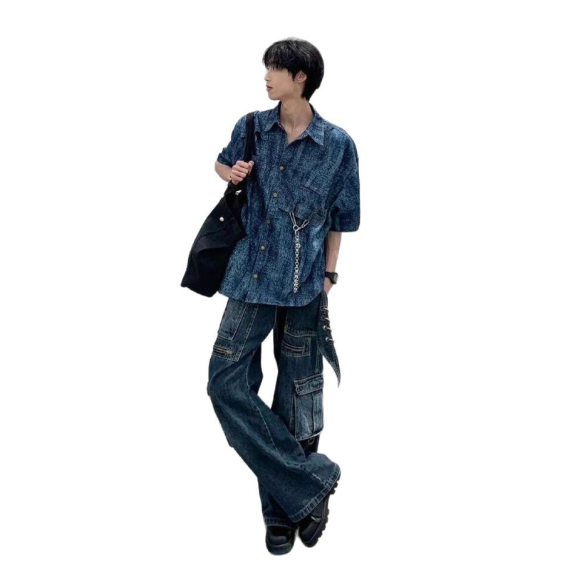 Férfiak számára készült tie-dye ing, Hongkongi retro stílus, laza szabás, rövid ujjú, Harajuku inspirált virágos minta