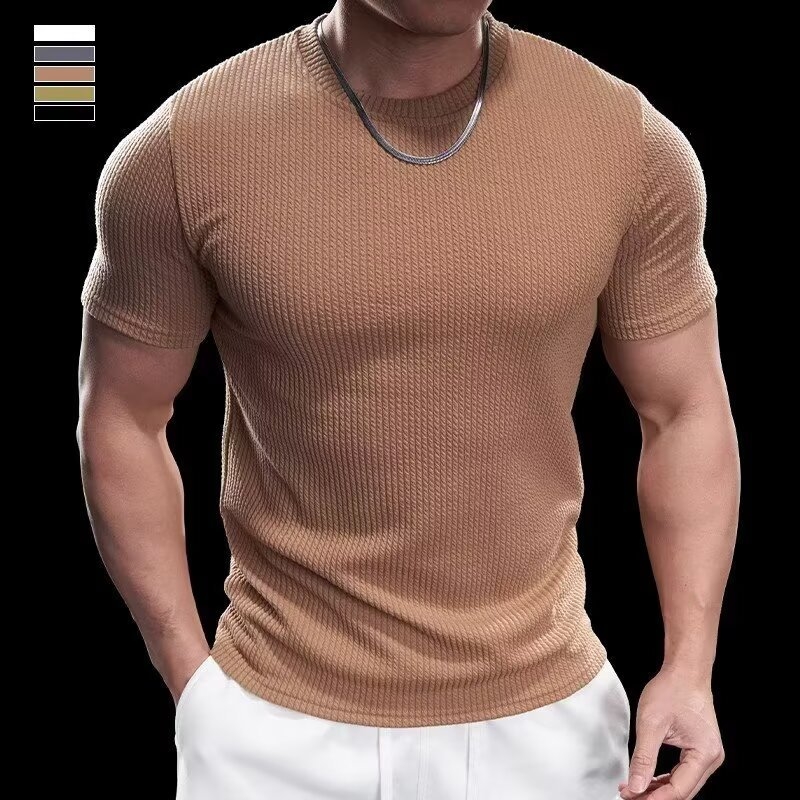 Férfi slim-fit rövid ujjú póló, izomtextúra, légáteresztő Ice Silk anyag, edzéshez