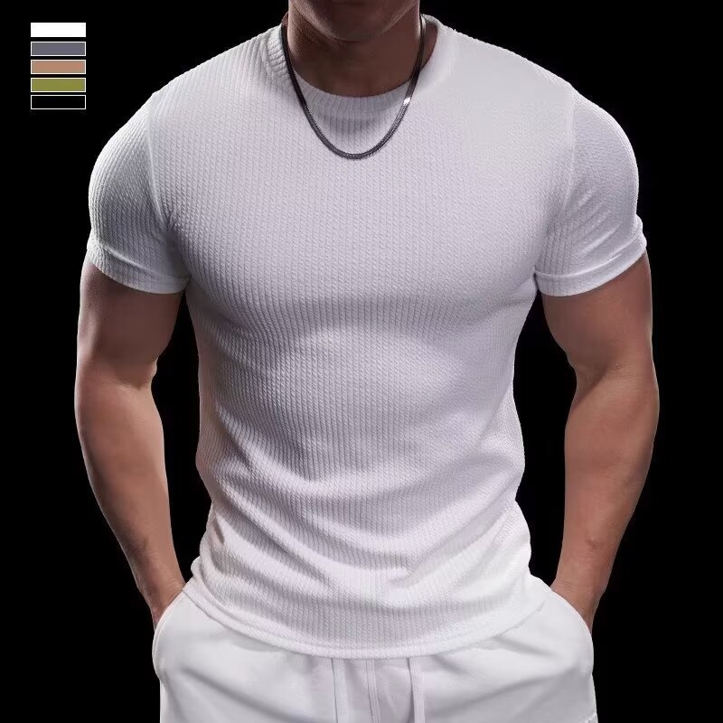 Férfi slim-fit rövid ujjú póló, izomtextúra, légáteresztő Ice Silk anyag, edzéshez