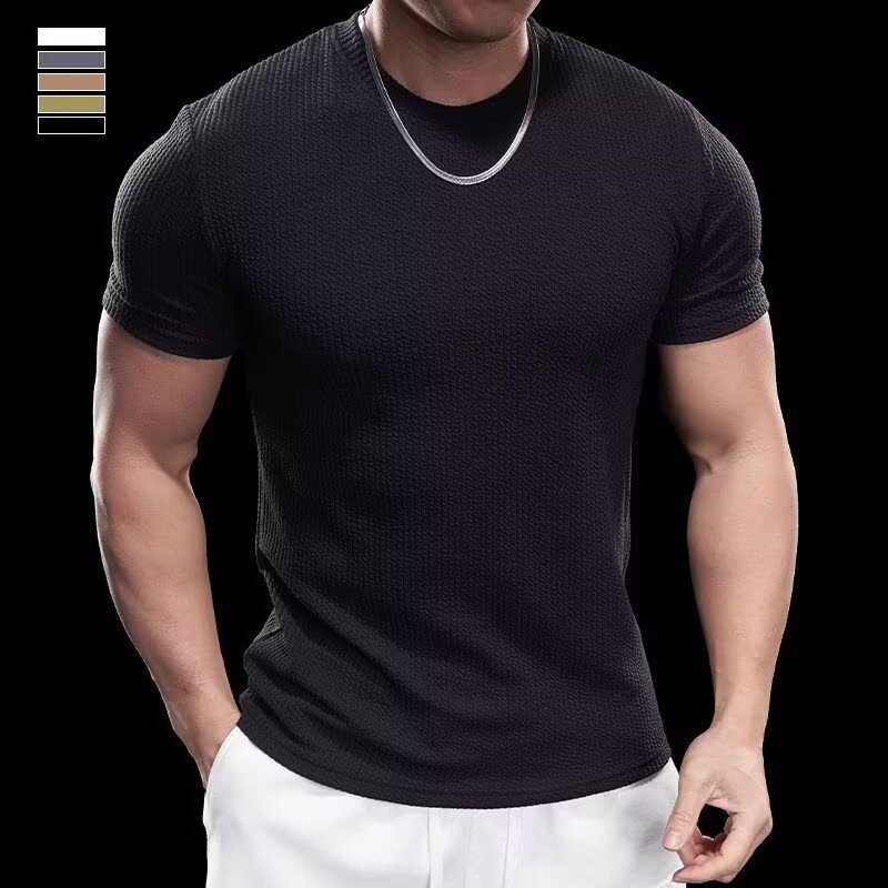 Férfi slim-fit rövid ujjú póló, izomtextúra, légáteresztő Ice Silk anyag, edzéshez