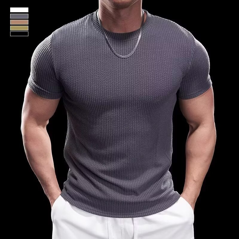 Férfi slim-fit rövid ujjú póló, izomtextúra, légáteresztő Ice Silk anyag, edzéshez
