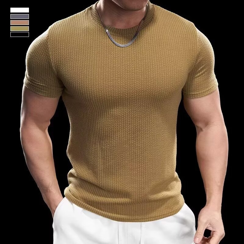 Férfi slim-fit rövid ujjú póló, izomtextúra, légáteresztő Ice Silk anyag, edzéshez
