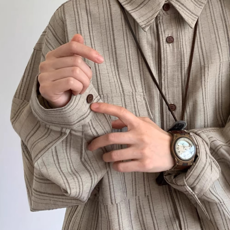 Tavasz–ősz japán retro függőleges csíkos ing, uniszex, laza szabás, mindennapi egyetemi stílus, munkaruházat, hosszú ujjú
