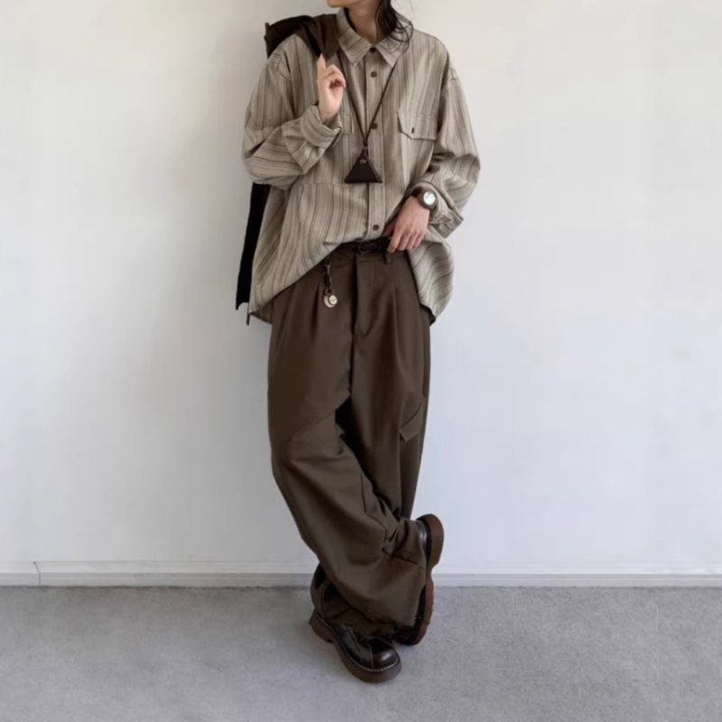 Tavasz–ősz japán retro függőleges csíkos ing, uniszex, laza szabás, mindennapi egyetemi stílus, munkaruházat, hosszú ujjú