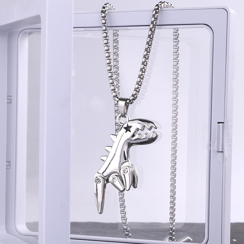 Hip-hop titánacél mozgatható dinoszaurusz nyaklánc – aranyos rajzfilmszerű dizájn, uniszex, hosszú lánccal