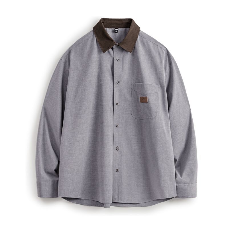Férfi corduroy patchwork ing-jakett, hosszú ujjú, szürke, vékony, tavaszi-őszi viselet