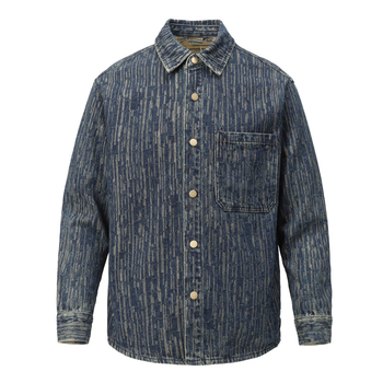 Férfi jacquard denim ingkabát, 100% pamut, laza szabás, kardigán stílus, hosszú ujjak, reveres gallér, tie-dye részletek, tavasz–őszre