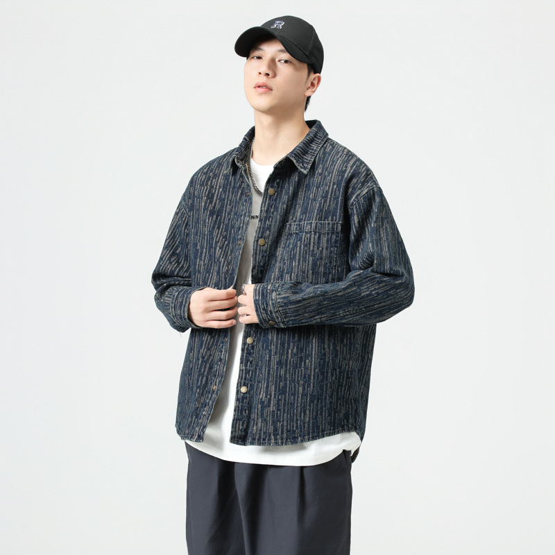 Férfi jacquard denim ingkabát, 100% pamut, laza szabás, kardigán stílus, hosszú ujjak, reveres gallér, tie-dye részletek, tavasz–őszre