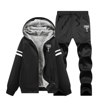 Férfi téli fleece-bevonatú kapucnis pulóver szett, kardigán dzseki, mindennapi sport