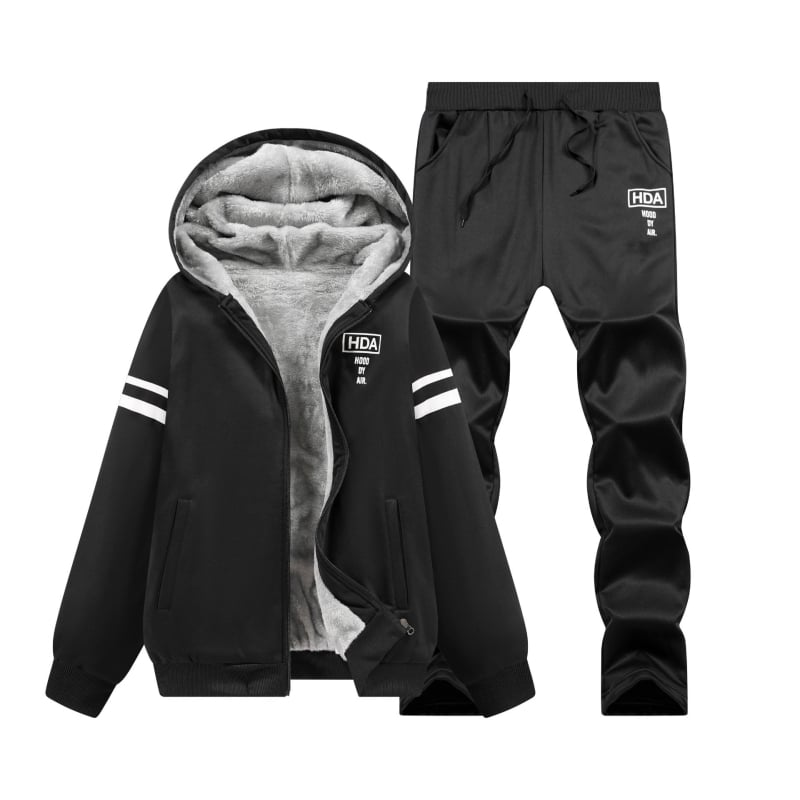 Férfi téli fleece-bevonatú kapucnis pulóver szett, kardigán dzseki, mindennapi sport