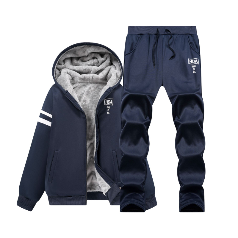 Férfi téli fleece-bevonatú kapucnis pulóver szett, kardigán dzseki, mindennapi sport