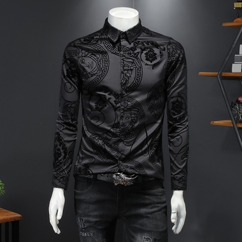 Férfi bársonyos hosszú ujjú ing virágmintával, nagy méret, slim fit, ősz 2026