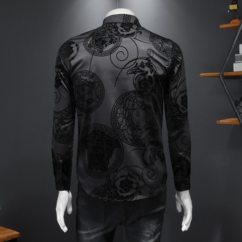 Férfi bársonyos hosszú ujjú ing virágmintával, nagy méret, slim fit, ősz 2026