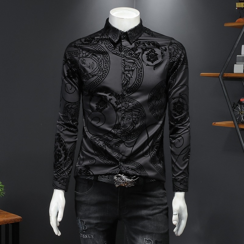 Férfi bársonyos hosszú ujjú ing virágmintával, nagy méret, slim fit, ősz 2026