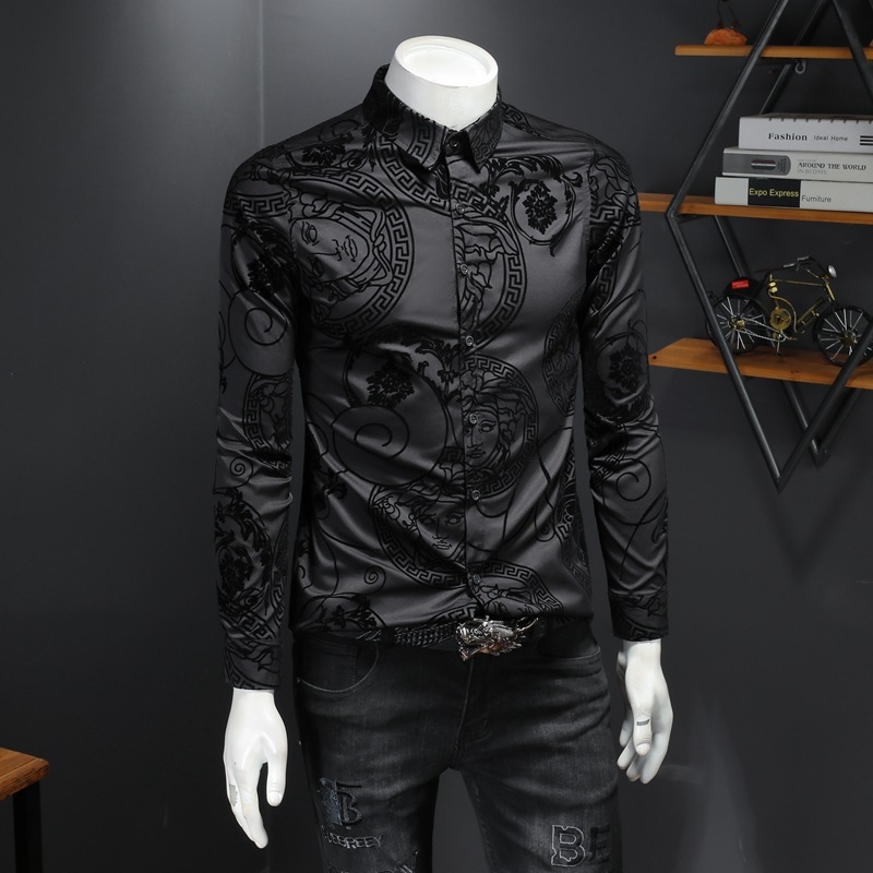 Férfi bársonyos hosszú ujjú ing virágmintával, nagy méret, slim fit, ősz 2026