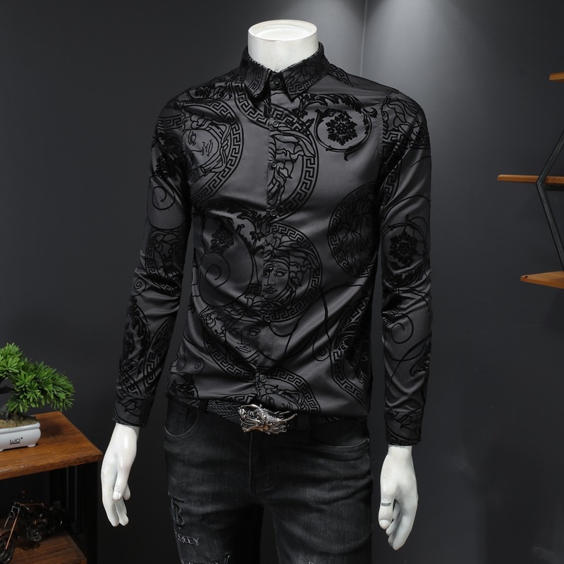 Férfi bársonyos hosszú ujjú ing virágmintával, nagy méret, slim fit, ősz 2026