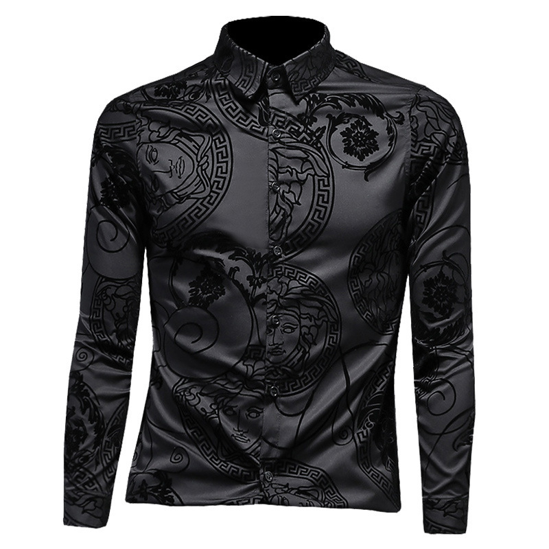 Férfi bársonyos hosszú ujjú ing virágmintával, nagy méret, slim fit, ősz 2026