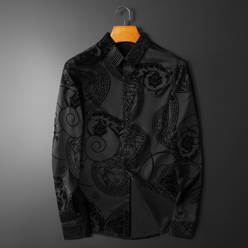 Férfi bársonyos hosszú ujjú ing virágmintával, nagy méret, slim fit, ősz 2026