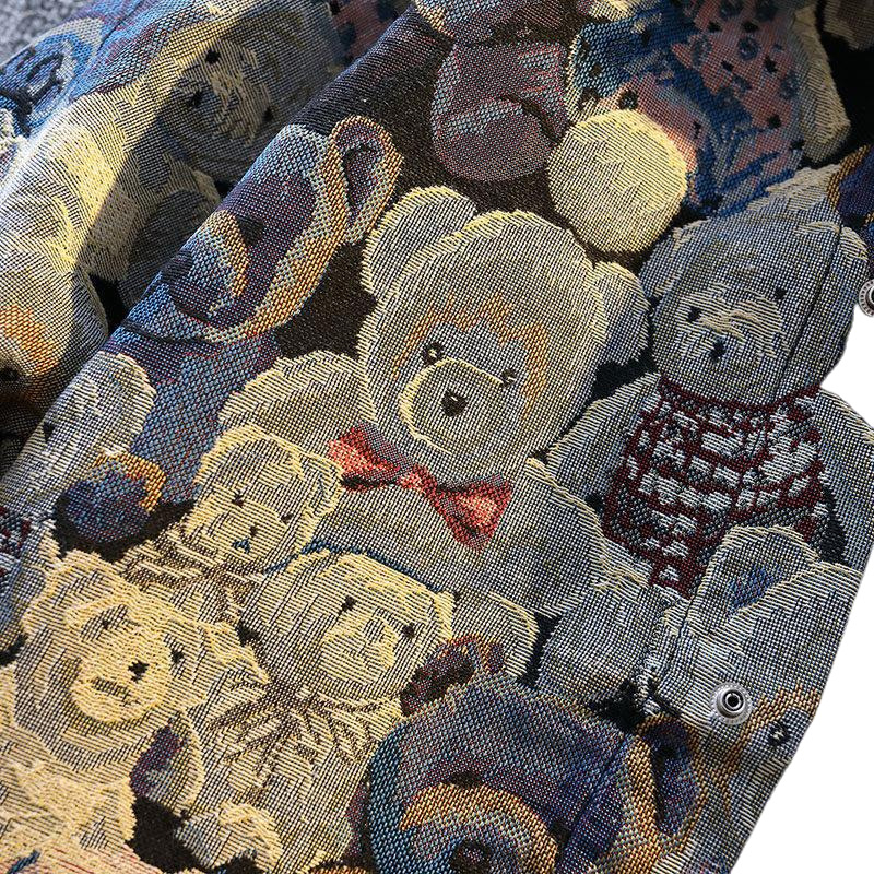Férfiaknak készült medve mintás pamut-keverék felső kabát, laza szabás, álló gallér, hosszú ujjú, tavasz–ősz