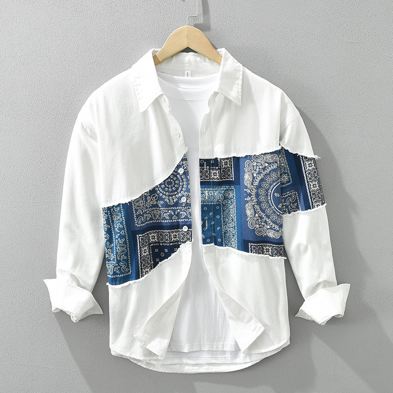 6761 Férfi japán stílusú nyomott patchwork hosszú ujjú ing, lazán szabott, mindennapi viselet