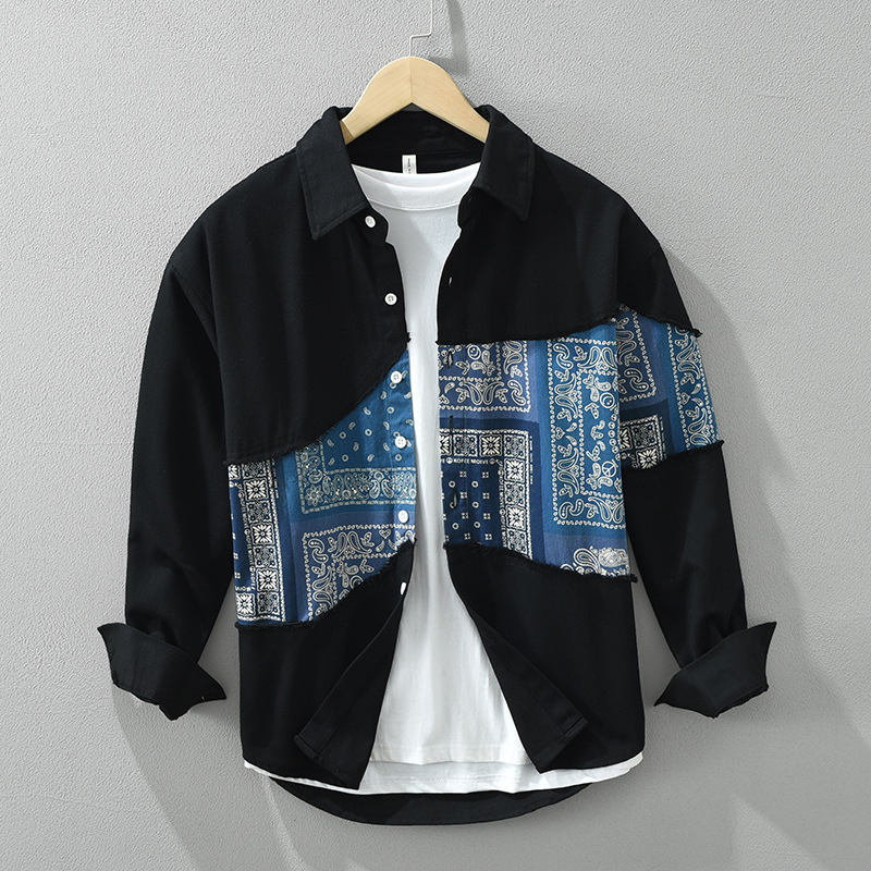 6761 Férfi japán stílusú nyomott patchwork hosszú ujjú ing, lazán szabott, mindennapi viselet