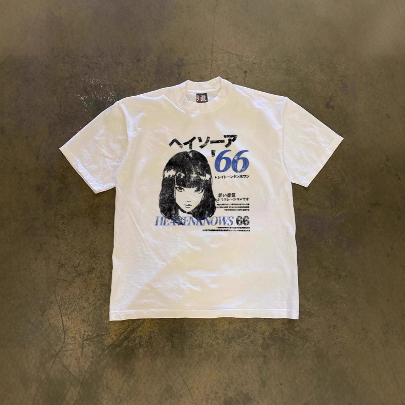 Férfi rövid ujjú póló, 250 g súlyú vastag pamut, oversize szabás, pár témájú grafika Shibuya lány mintával, laza fazon, nyár