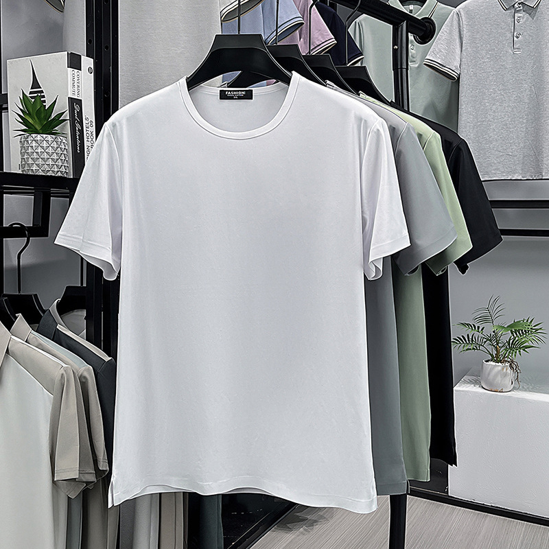 Férfi nyári rövid ujjú póló laza szabású, varrat nélküli, hűsítő érzetű anyag, egyszínű, ice silk