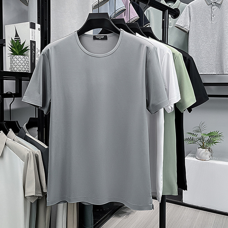 Férfi nyári rövid ujjú póló laza szabású, varrat nélküli, hűsítő érzetű anyag, egyszínű, ice silk