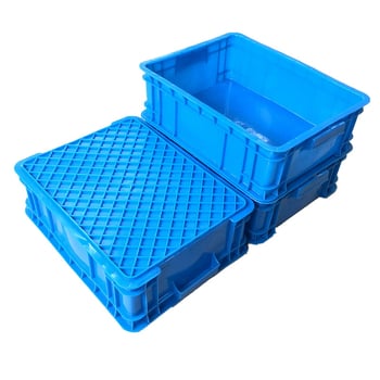 Plastična kutija za prijevoz robe, unutarnje dimenzije 400×300×130 mm, vanjske dimenzije 435×335×140 mm, debljina zida 2,5 mm, masa 0,9 kg, nosivost 25 kg, HDPE, s logotipom otisnutim, izrađena injekcijskim preoblikovanjem