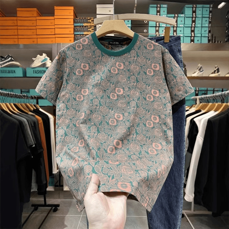 Muška majica s printom u korejskom stilu, kratkih rukava, uski kroj, okrugli izrez, lagan materijal