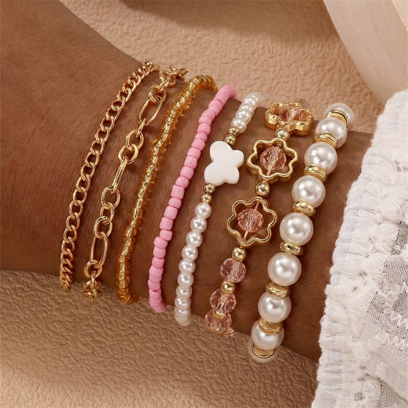 Set de brățări handmade cu mărgele de perle, inimă și fluture, stil boho pentru femei