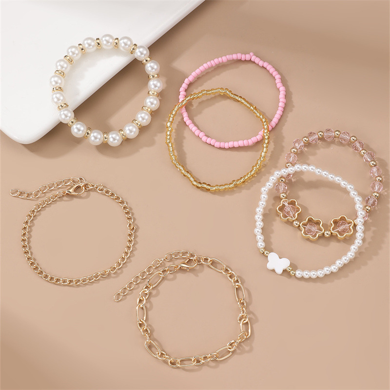 Set de brățări handmade cu mărgele de perle, inimă și fluture, stil boho pentru femei