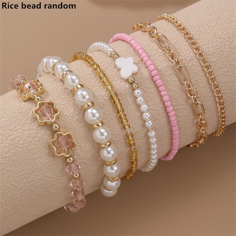 Set de brățări handmade cu mărgele de perle, inimă și fluture, stil boho pentru femei