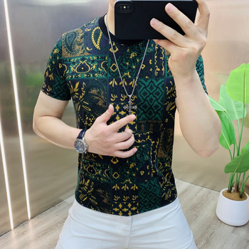 Férfi nyári póló kerek nyakkal, slim-fit, ice silk, jacquard mintázat