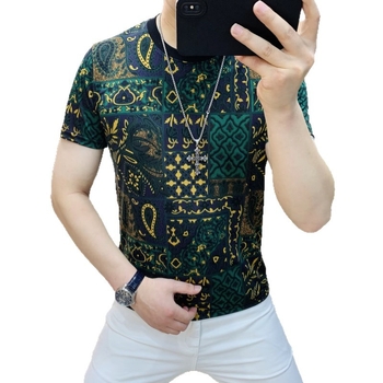 Férfi nyári póló kerek nyakkal, slim-fit, ice silk, jacquard mintázat