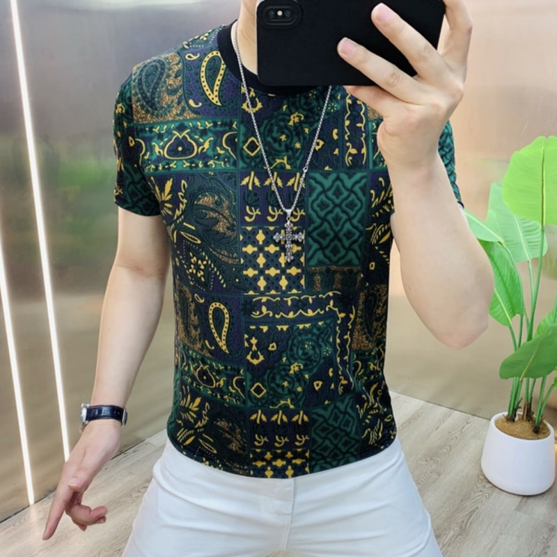 Férfi nyári póló kerek nyakkal, slim-fit, ice silk, jacquard mintázat