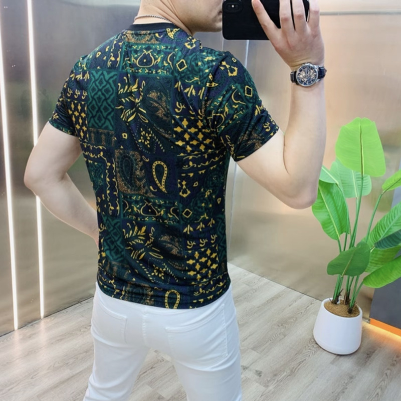 Férfi nyári póló kerek nyakkal, slim-fit, ice silk, jacquard mintázat