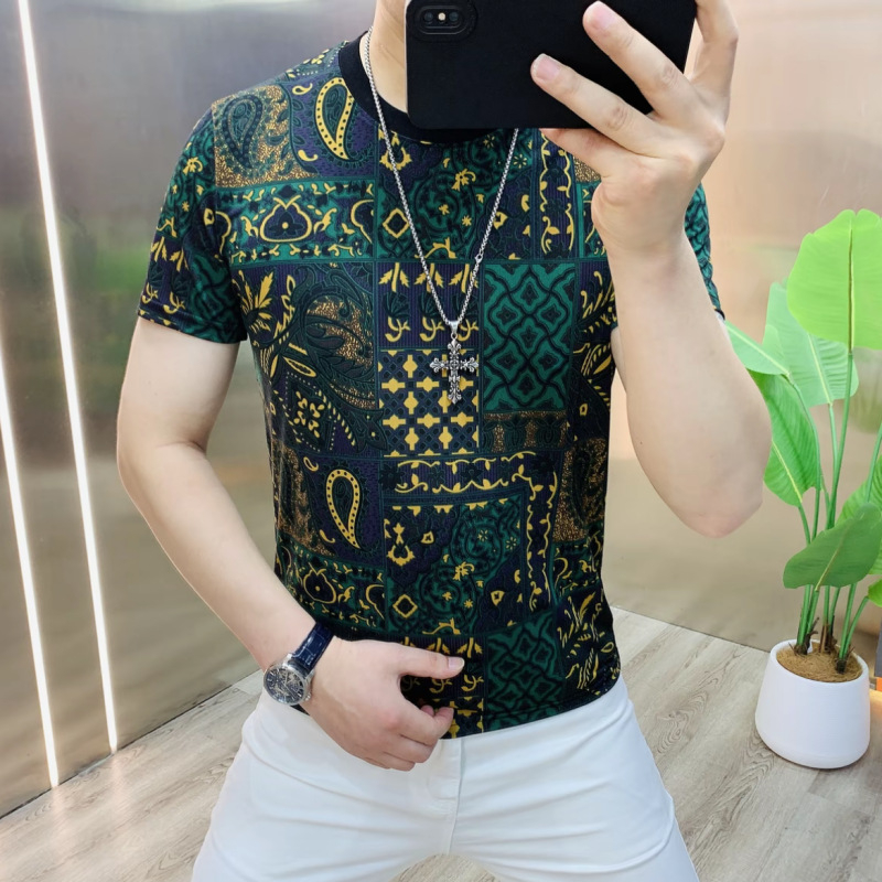 Férfi nyári póló kerek nyakkal, slim-fit, ice silk, jacquard mintázat