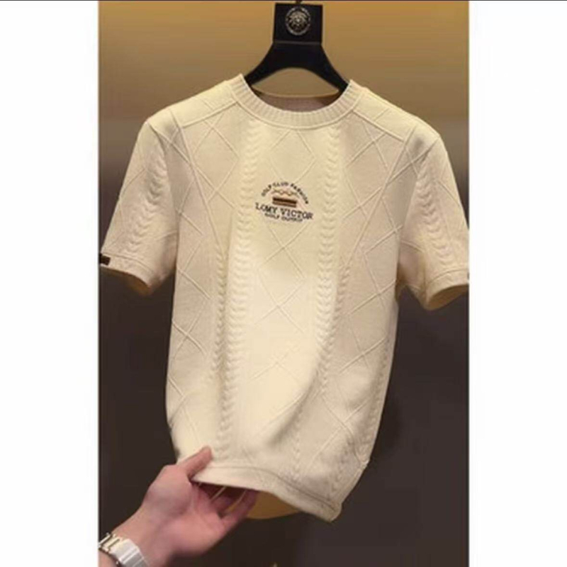 Muški T-shirt s vezenjem, okrugli izrez, kratki rukav, europski stil luksuz