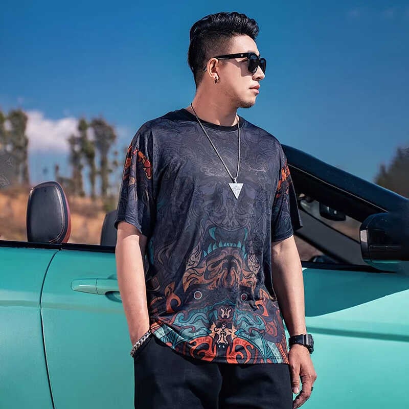 Muško T‑shirt velikih veličina, američki stil, gradijent boja, okrugli izrez, Ice Silk brzo sušenje, slobodan kroj, kratki rukavi, ljeto 2025