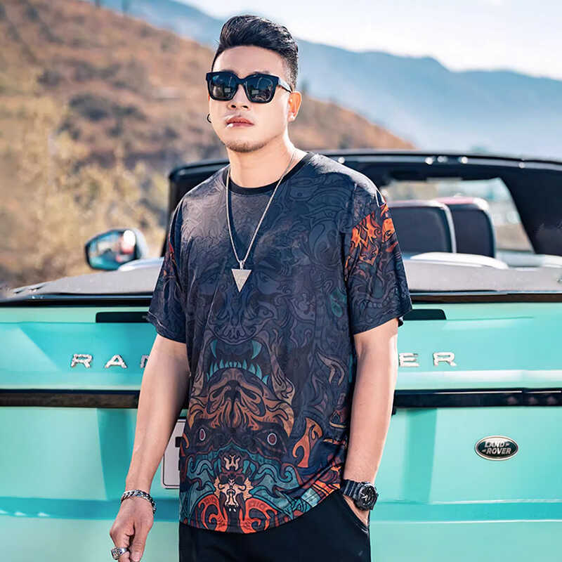 Muško T‑shirt velikih veličina, američki stil, gradijent boja, okrugli izrez, Ice Silk brzo sušenje, slobodan kroj, kratki rukavi, ljeto 2025