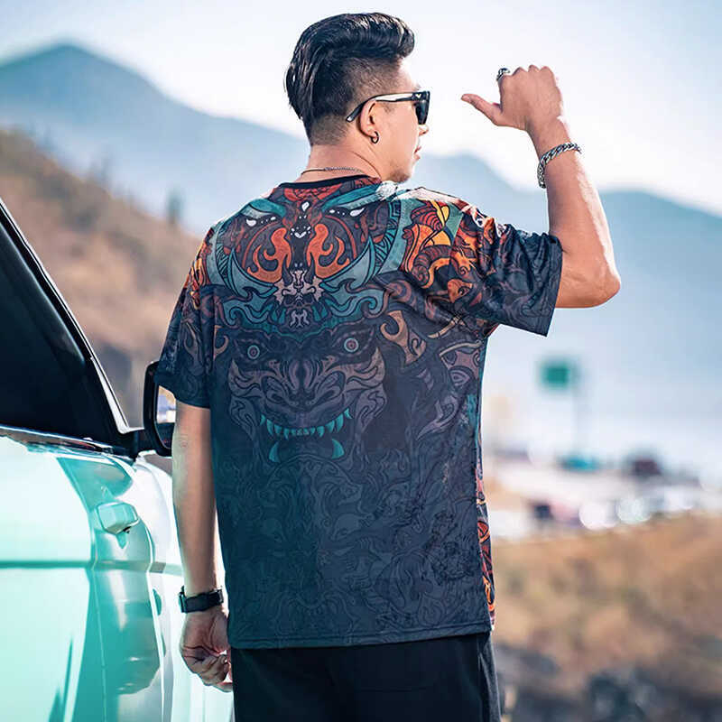 Muško T‑shirt velikih veličina, američki stil, gradijent boja, okrugli izrez, Ice Silk brzo sušenje, slobodan kroj, kratki rukavi, ljeto 2025