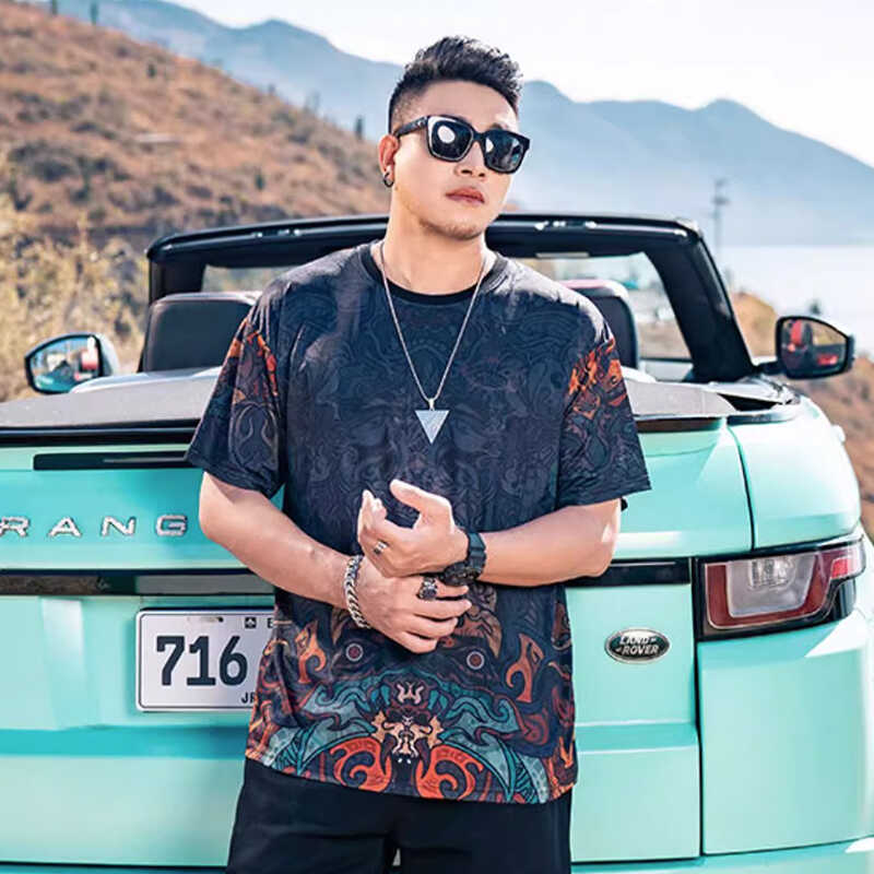 Muško T‑shirt velikih veličina, američki stil, gradijent boja, okrugli izrez, Ice Silk brzo sušenje, slobodan kroj, kratki rukavi, ljeto 2025